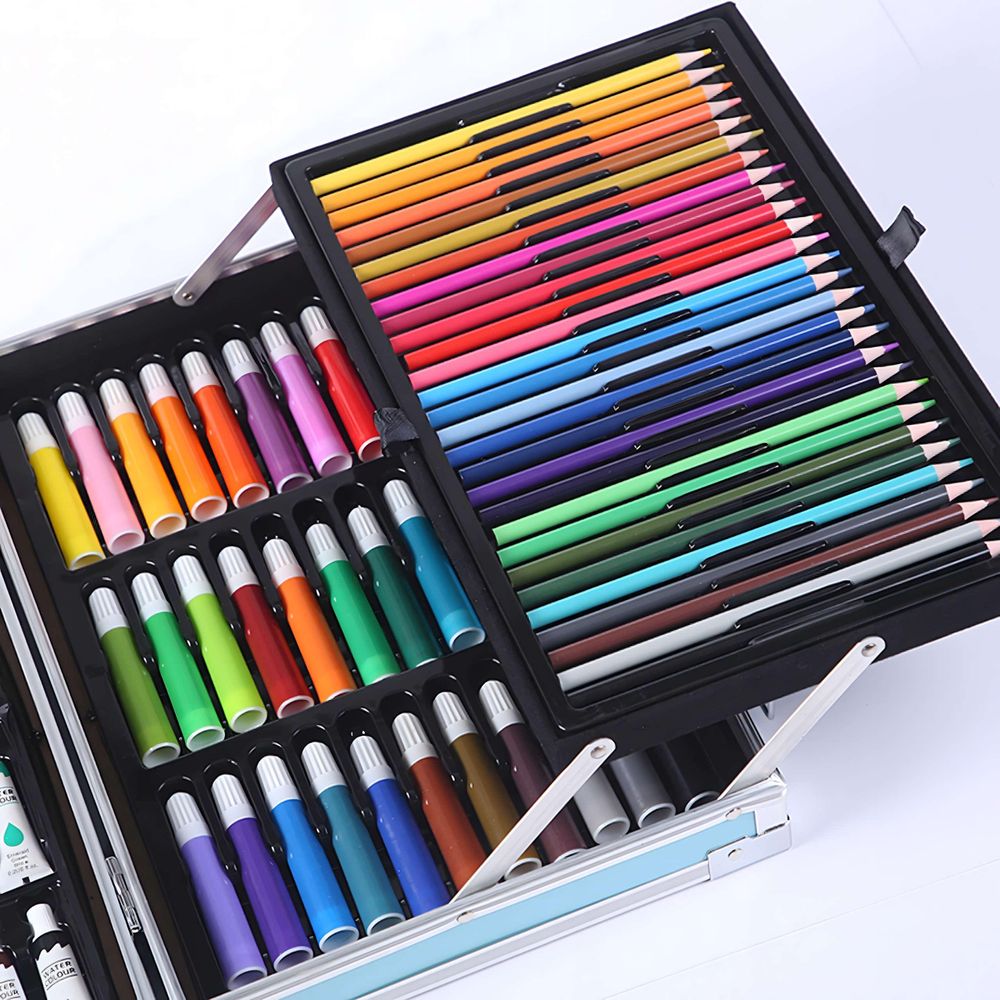 Künstler Set 145-teilig mit blauer Aufbewahrungsbox – Malset für Kinder & Anfänger – Stifte, Farben, Pinsel