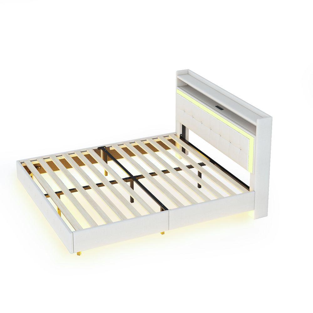 MODFU Doppelbett 140 x 200 Polsterbett mit LED und USB-Ladeanschluss,Funktionelles Stauraumbett Jugendbett mit Kopfteil & Stauraum(Ohne Matratze)