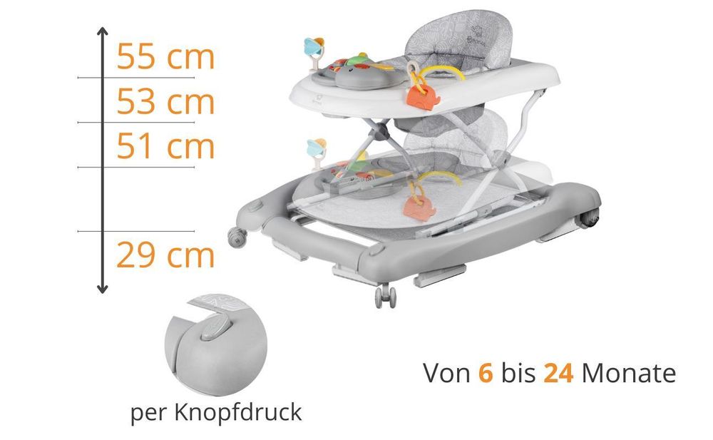 BRONEA® 5-in-1 Lauflernhilfe Babywalker | Gehfrei Schaukelfunktion, Musik & Licht | Laufhilfe für Baby ab 6 Monate | Höhenverstellbar Klappbar | Grau