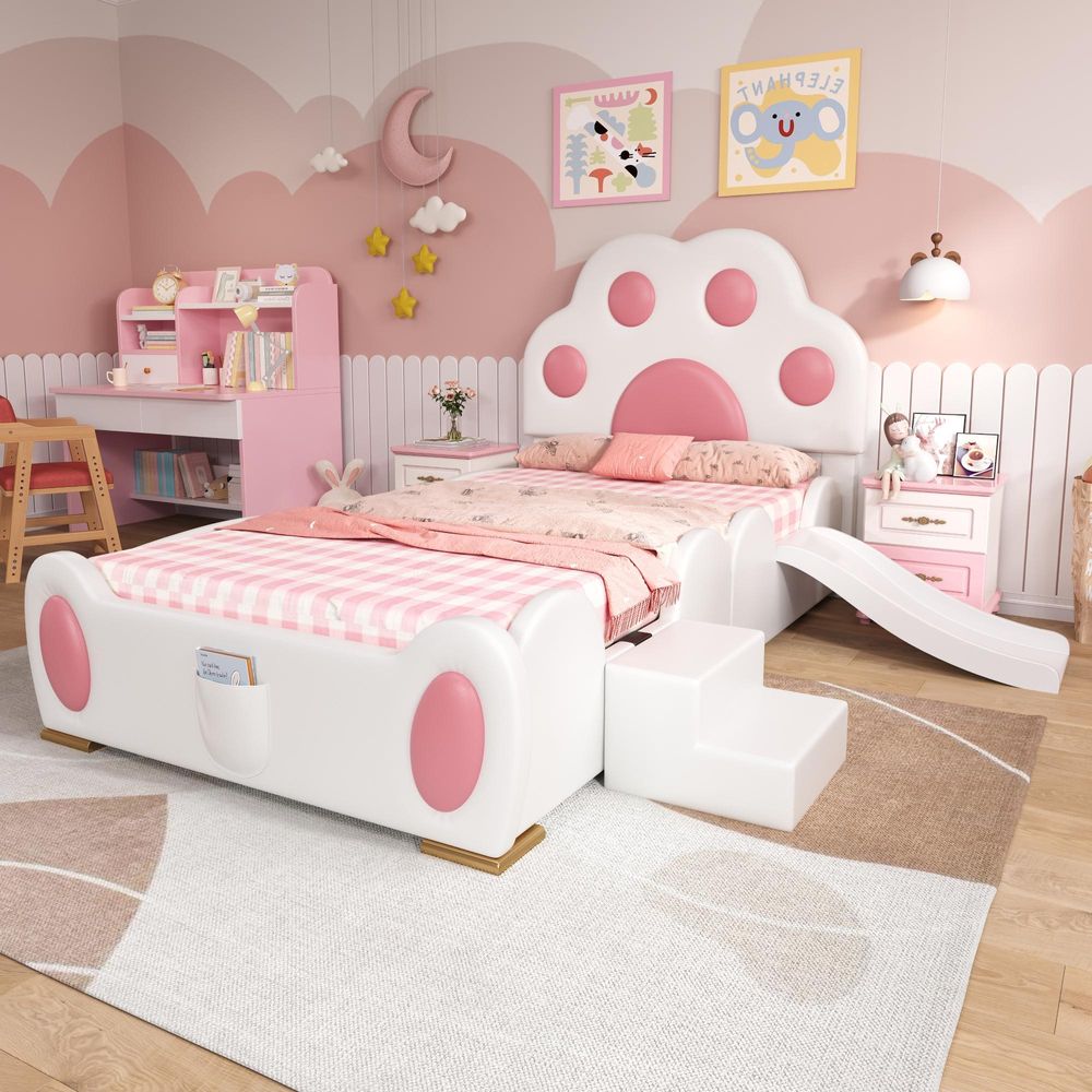 Merax Polsterbett 90x200 mit Rutsche und Leiter, Kinderbett mit Katzenpfote-Kopfteil, Einzelbett Aufbewahrungstasche, PU, Weiß + Rosa