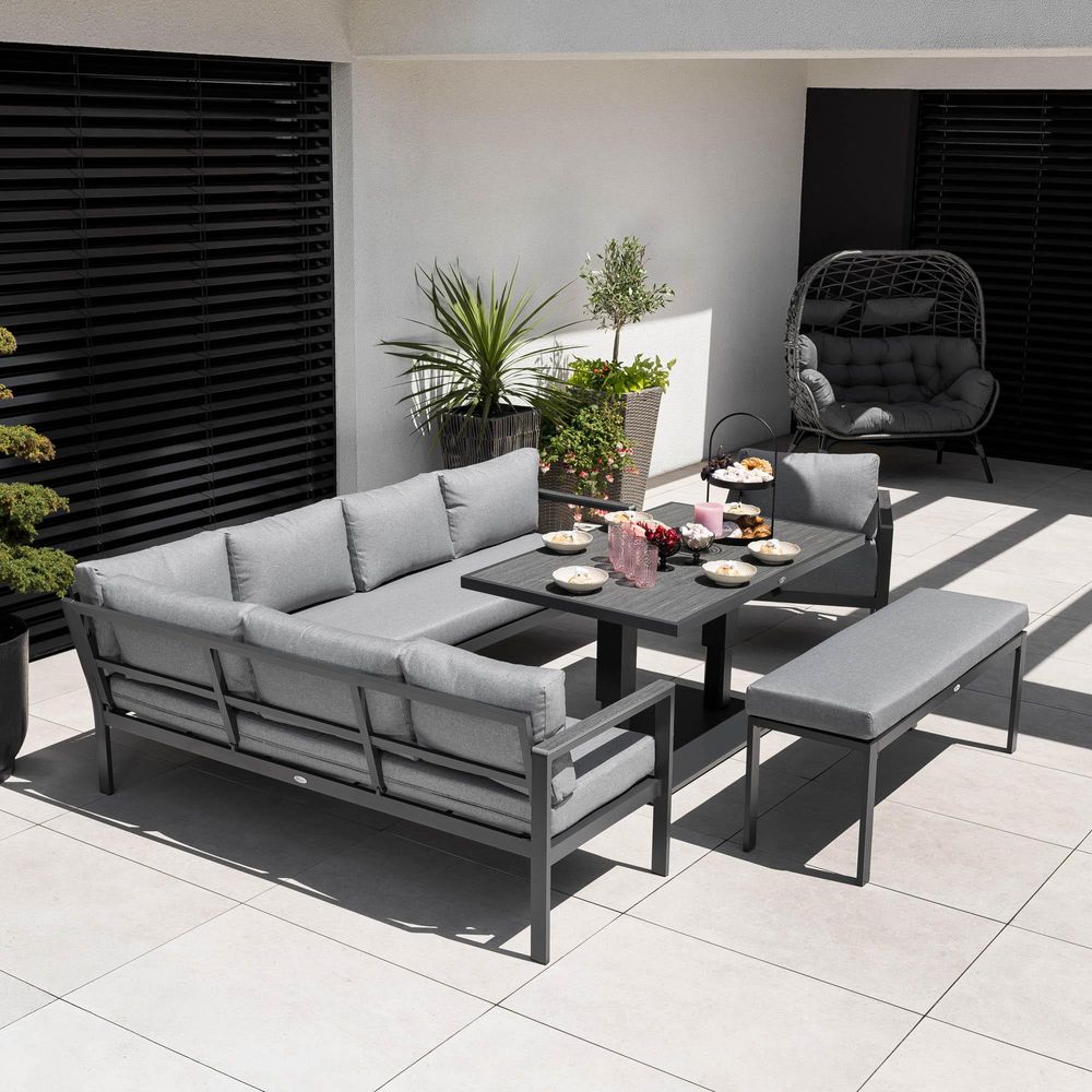 di volio Gartenmöbel Set Noli – grau, Outdoor Lounge aus Aluminium mit höhenverstellbarem Kunstholz–Tisch, wetterfest & bequem für 10 Personen