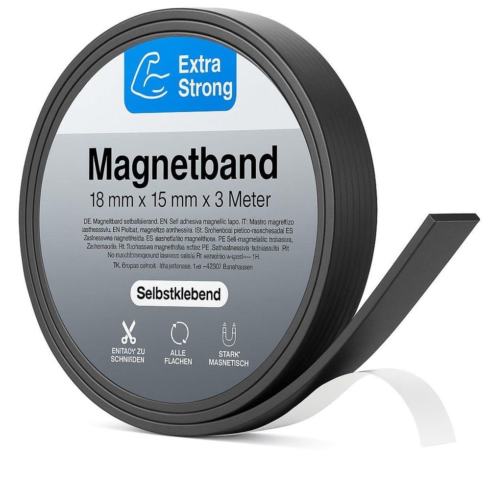 Schwarze Magnetbandrolle mit abziehbarer Schutzfolie auf weißem Hintergrund