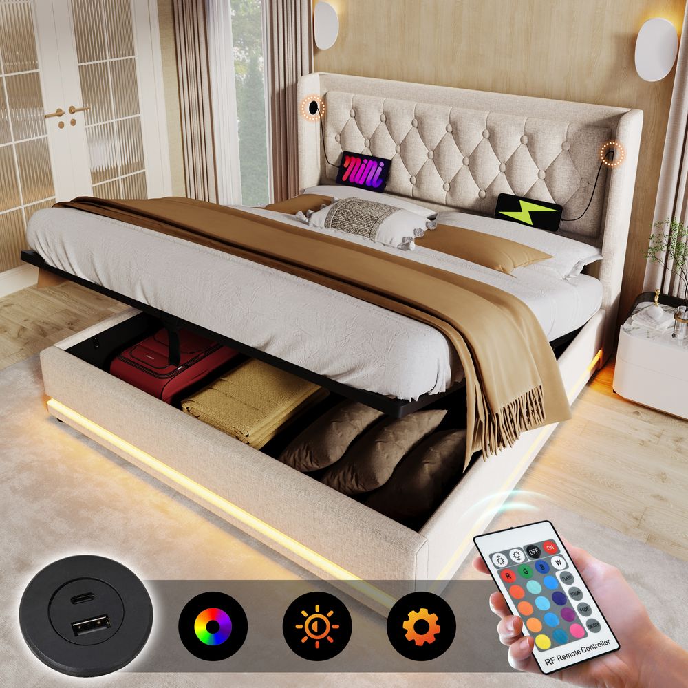Flieks Polsterbett 160x200cm mit USB & Typ-C, Doppelbett Jugendbett mit LED, Hydraulisches Stauraumbett Boxspringbett mit Lattenrost, Baumwolle, Beige