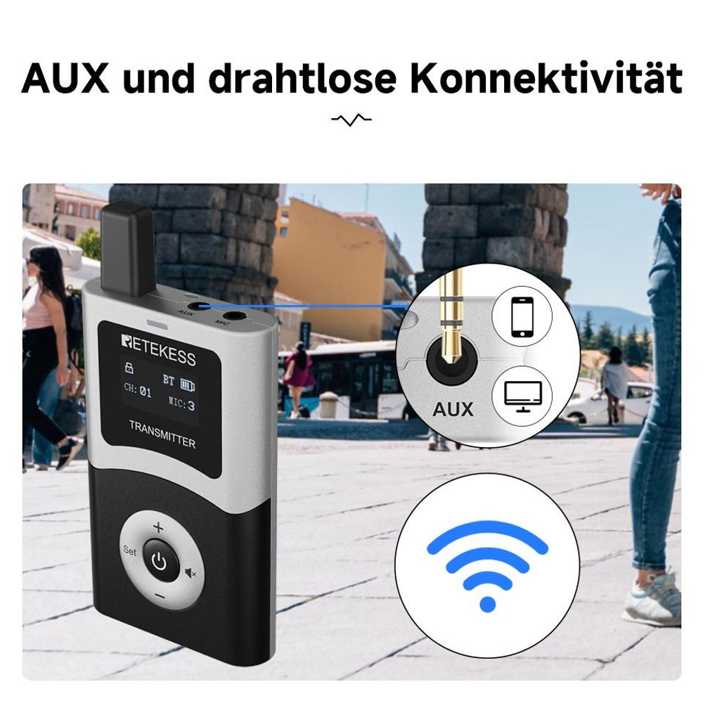 Retekess T130U, systém pro průvodce, audio systém s nabíjecím kufrem s 60 sloty, UHF, dosah 200 metrů, 40 hodin v pohotovostním režimu, mikrofon, vysílačka