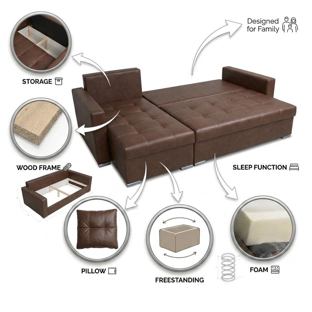 Ecksofa VARIUS Boston – mit Schlaffunktion, Kunstleder in Braun, Family Meble