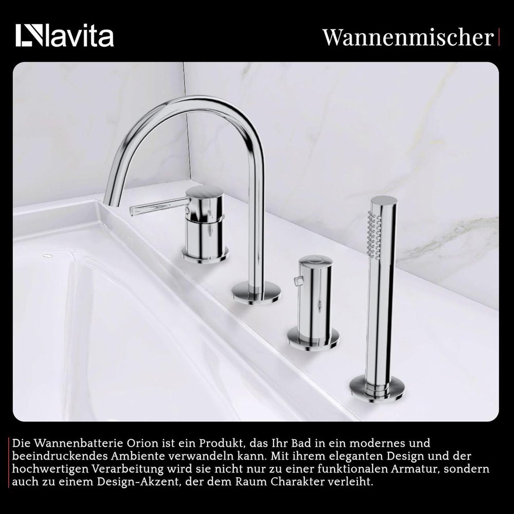 Lavita Orion 4-Loch Badewannenarmatur in Chrom | Wannenbatterie | Wasserhahn Bad s Design Armatur