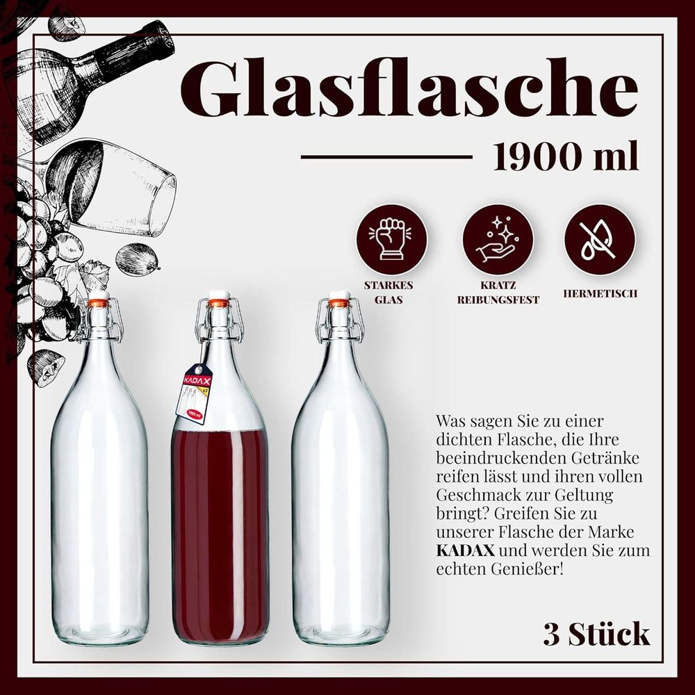 KADAX Glasflasche "Torano", Flasche, Likörflaschen, Ölflasche, Essigflasche, 2L, 6 Stück