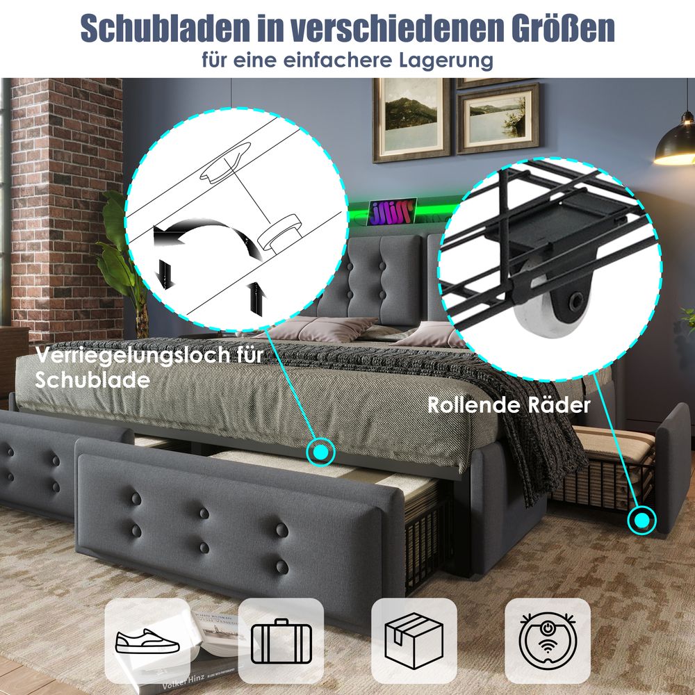 Flieks Polsterbett 140x200cm mit 4 Schubladen, Stauraumbett Doppelbett mit Ladefunktion, Jugendbett Holzbett mit LED, Funktionsbett Baumwolle, Grau