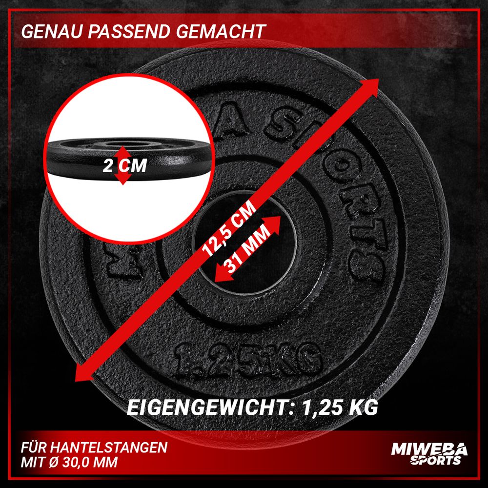 Miweba Sports Hantelscheiben Set | Gusseisen - Hantelgewicht - Gewichtsscheiben - Fitness Scheiben - Gewichte für Hantel - Ø30mm - Schwarz - 4x1,25 kg