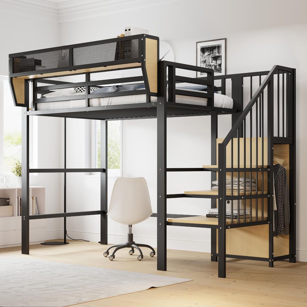 STILVORA Hochbett 90x200 Bettgestell Jugendbett mit Sicherheitsleiter und flexiblem Staufach,Metallbett mit Rausfallschutz(Ohne Matratze)-Schwarz