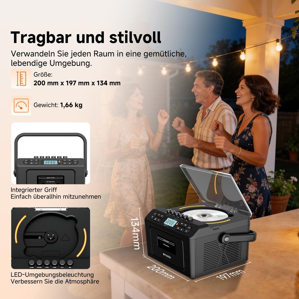 Retekess TR642 CD Player tragbar, Bluetooth, AM FM Radio, 5000mAh Boombox mit wiederaufladbare Akk, AUX/USB/TF, für Familien Camping