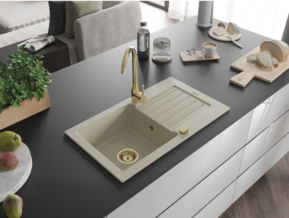 Mexen Pablo 1 Becken-Granitspüle mit Abtropffläche und Mischbatterie Telma, Beige - 6510-69-670200-50