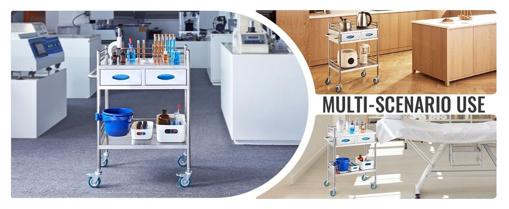 VEVOR Edelstahlwagen, 3-lagiger Labor-Nutzwagen mit 181,4 kg Tragfähigkeit, medizinischer Wagen mit abschließbaren Universalrädern, für Labor, Klinik, Küche, Salon, 2 Schichten-a, Silber-a