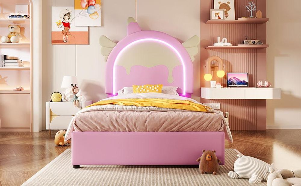 Merax Polsterbett 90x200 cm, Einhorn-Design Kinderbett mit Leuchtleiste, 2 Schubladen, Prinzessinnenbett, Jugendbett, für Kinderzimmer, PU, Rosa
