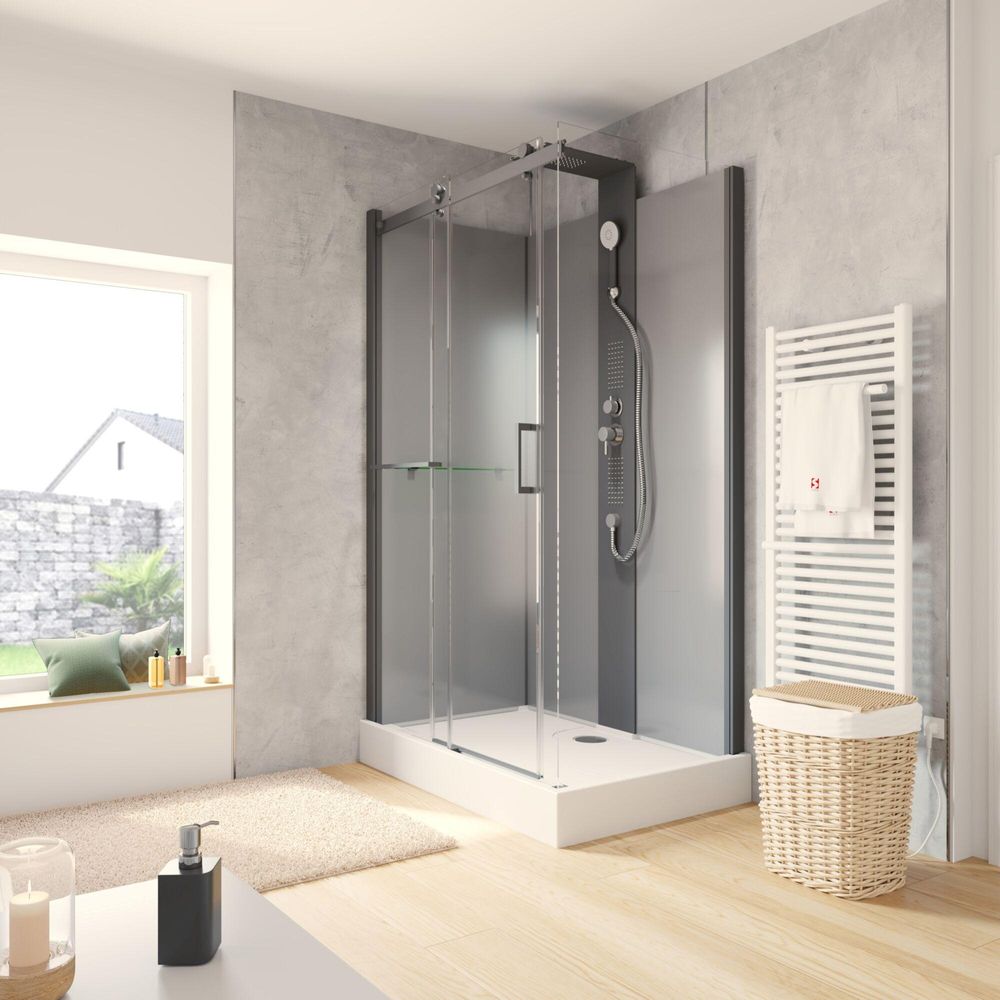Wellnesskabine Schiebetür Korsika von Schulte, Komplettkabine, 6 mm starkes Sicherheitsglas ESG Klar hell, Rückwände 5 mm ESG Schwarz, Profilfarbe: Schwarz, 120 x 80 x 220 cm