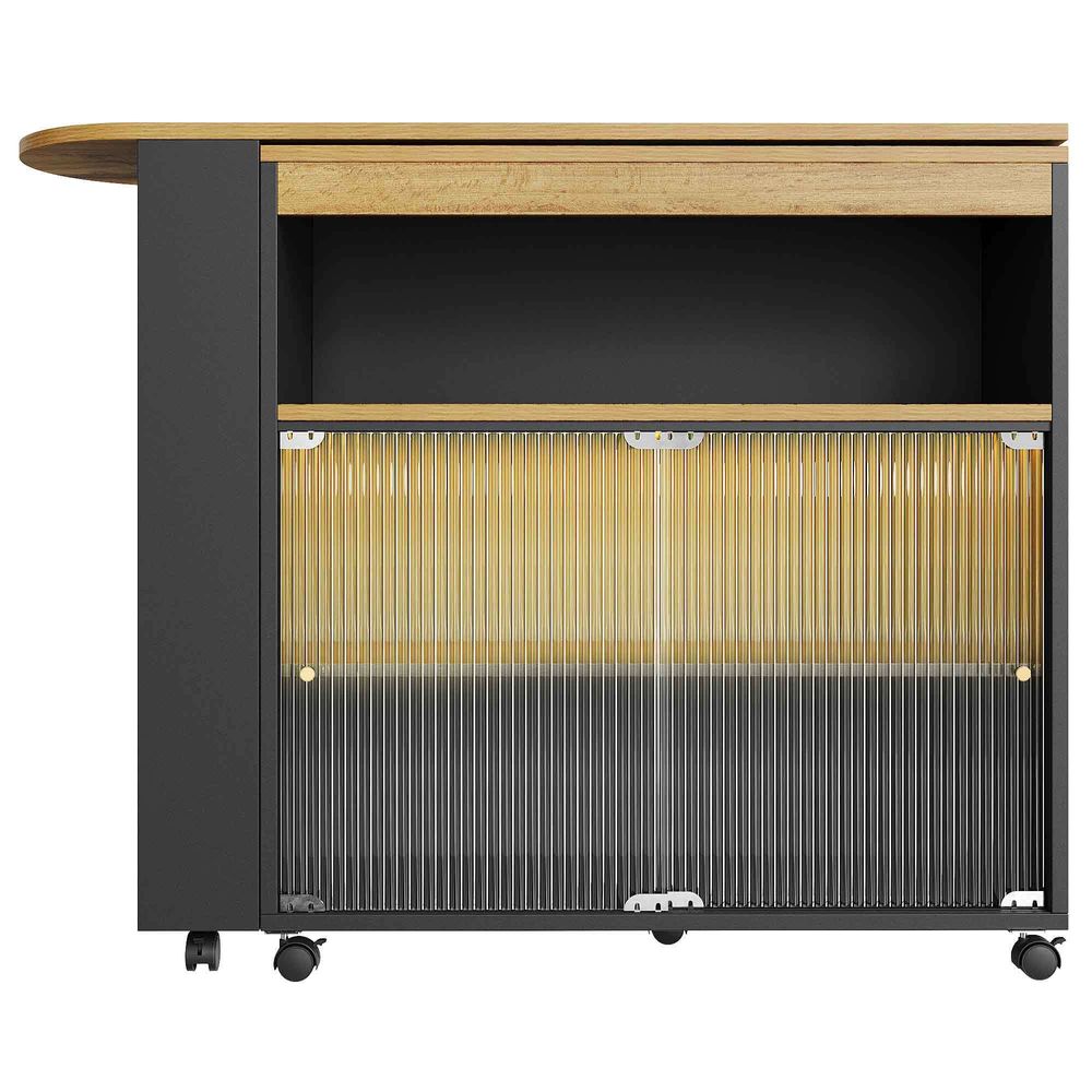 Flieks Ausziehbar Esstische Küchentisch mit Regal und Staufach, Bartisch Stehtisch mit LED, Rechteckig Tisch Kücheninsel 360 ° Drehbar, Schwarz