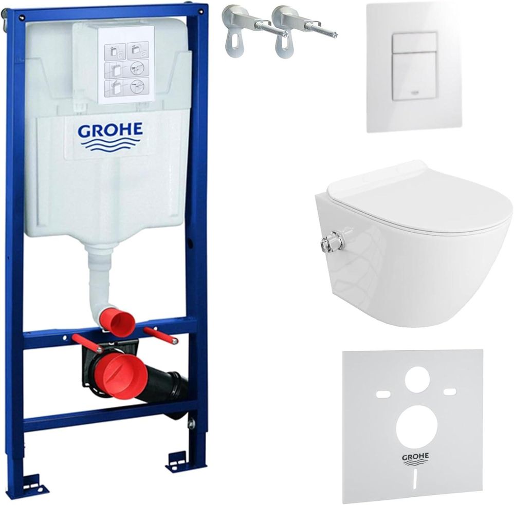 GROHE Vorwandelement Solido + Wand Hänge WC Salto Weiß Spülrandlos + WC-Sitz SoftClose | Glänzend Weiß Knopf | Komplettset | Unterputz Spülkasten | Toilette Komplett Sett