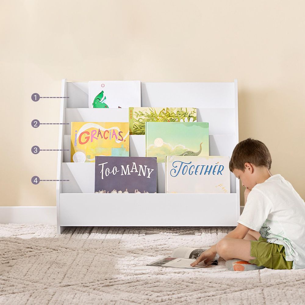SoBuy Bücherregal Kinder Montessori Kinderregal mit 4 offenen Fächer 1 Ablagefächern Kinderzimmer Spielzeug Aufbewahrung Hängefächerregal KMB32-K-W