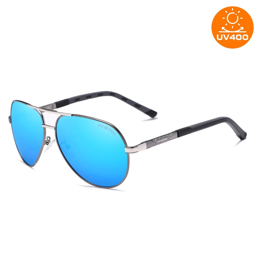Aviator Sonnenbrille Herren Polarisiert UV400, Blaue Gläser Pilotenbrille verspiegelt, Metallrahmen inkl. Etui & Zubehör-Set, EVI DESIGN Blue