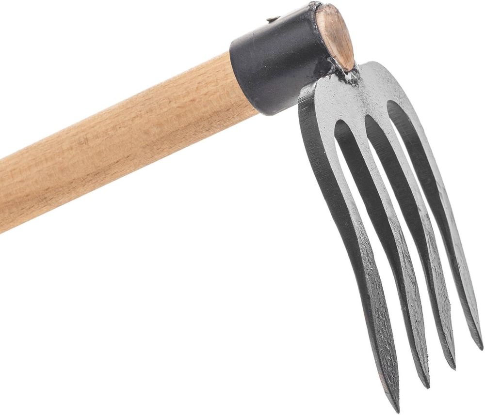 KADAX Kartoffelhacke mit 4 Zinken und langem Holzstiel, Gartenhacke aus geschmiedetem Stahl, Dunghacke für Gartenarbeit, Hacke für Garten, mit Stiel