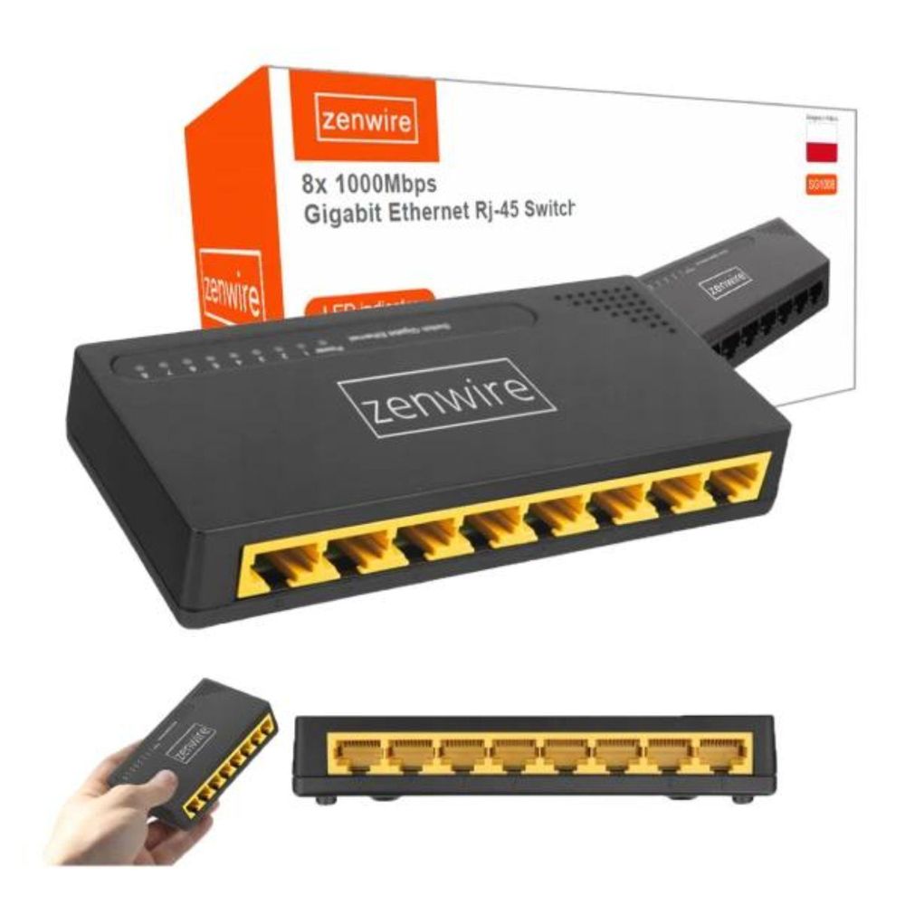 Rozdzielacz przełącznika LAN - 8 portów - RJ-45 Gigabit 10/100/1000 Mbps - 10 Gbps - Plug and Play - diody LED