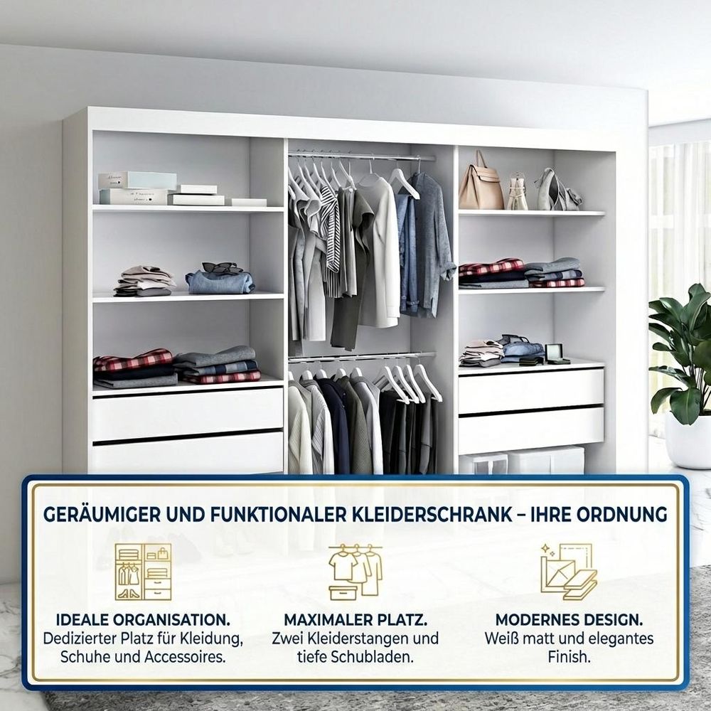Schwebetürenschrank, 3-türig Schrank mit 4 Schubladen, und 3D-Lamellen. Kleiderschrank NORIVO 200 cm