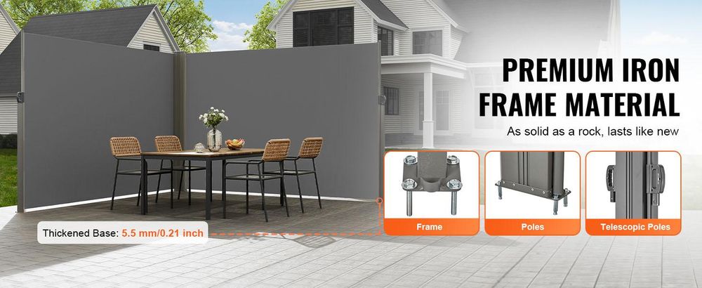 VEVOR Ausziehbare Seitenmarkise, 71''x 236'' Aluminium Außen-Privatsphäre Bildschirm, 280g Polyester Wasserfester Ausziehbarer Terrassenbildschirm, UV 30+ Raumteiler Windschutz für Terrasse, Garten, Balkon, Schwarz, Grau-200x600 cm