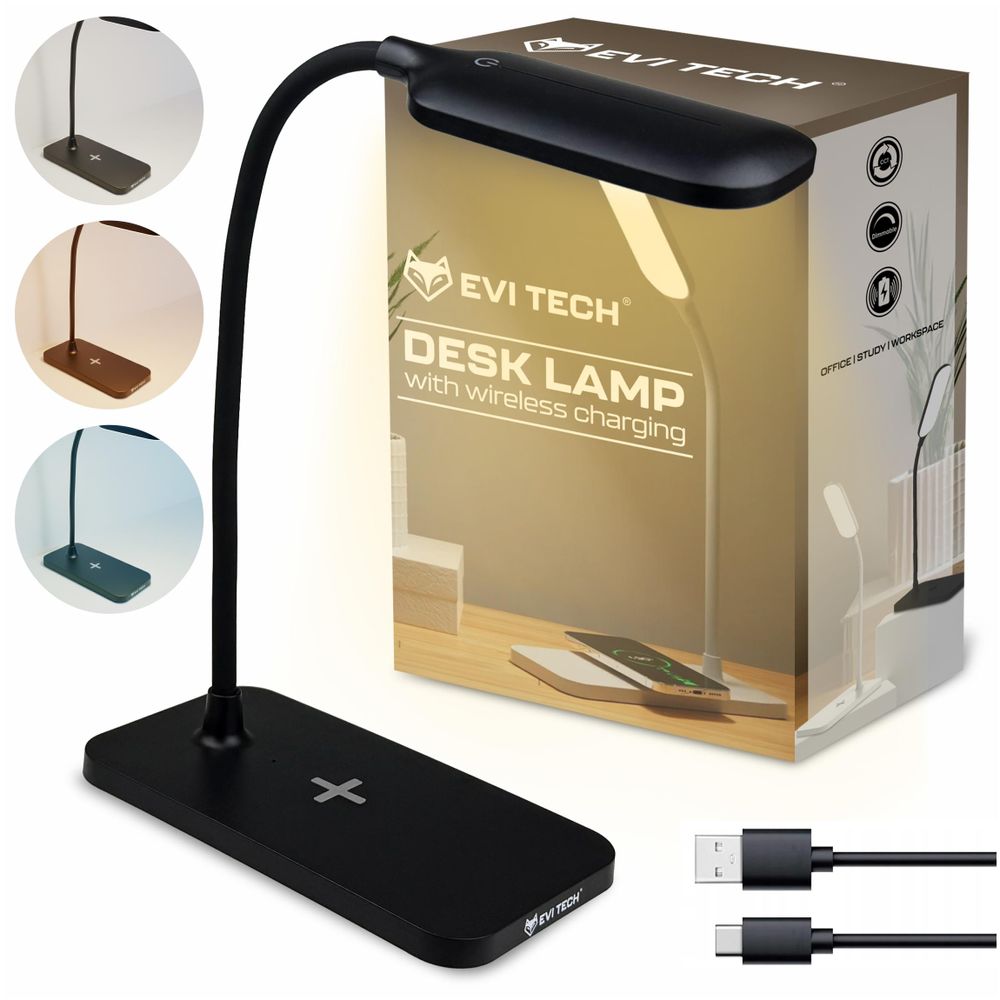 LED Schreibtischlampe Schwarz mit 15W Induktionsladegerät, Touch-Steuerung & 3 Lichtmodi, Nachttischlampe für Kinder & Büro, EVI TECH Qi Ladestation
