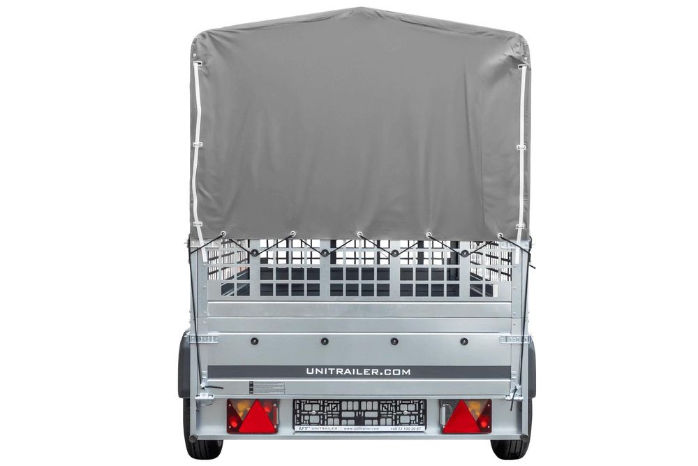 Přívěs za auto na pružinách 230x125 UNITRAILER GARDEN 230/R KIPP se síťovými stěnami, rámem H-800 a šedou plachtou