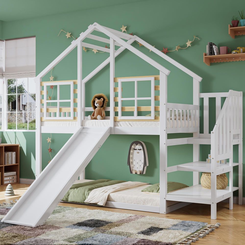 Merax Etagenbett 90x200 cm mit Rutsche, Gitter & Fenster, Blockhaus Kinderbett aus Massivholz mit Treppe,, sicheres Spielbett, Weiß
