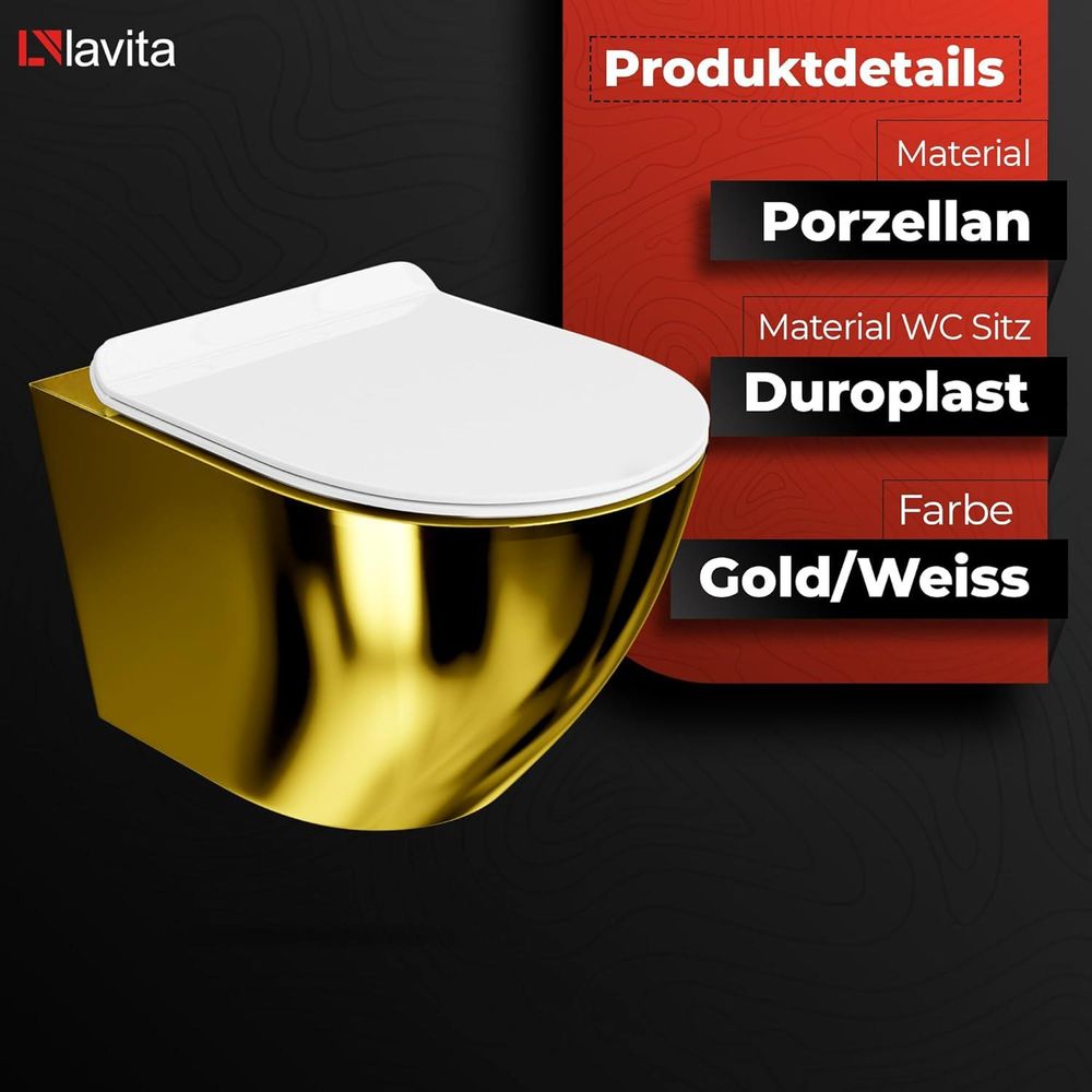 LAVITA Wand-WC Sofi Slim Gold/White | HŠnge Toilette | Toilettendeckel mit Absenkautomatik & Metallscharniere | Toiletten SpŸlrandlos HŠngend | Toilettenbecken | 365x490x395 cm | Wei§/Gold