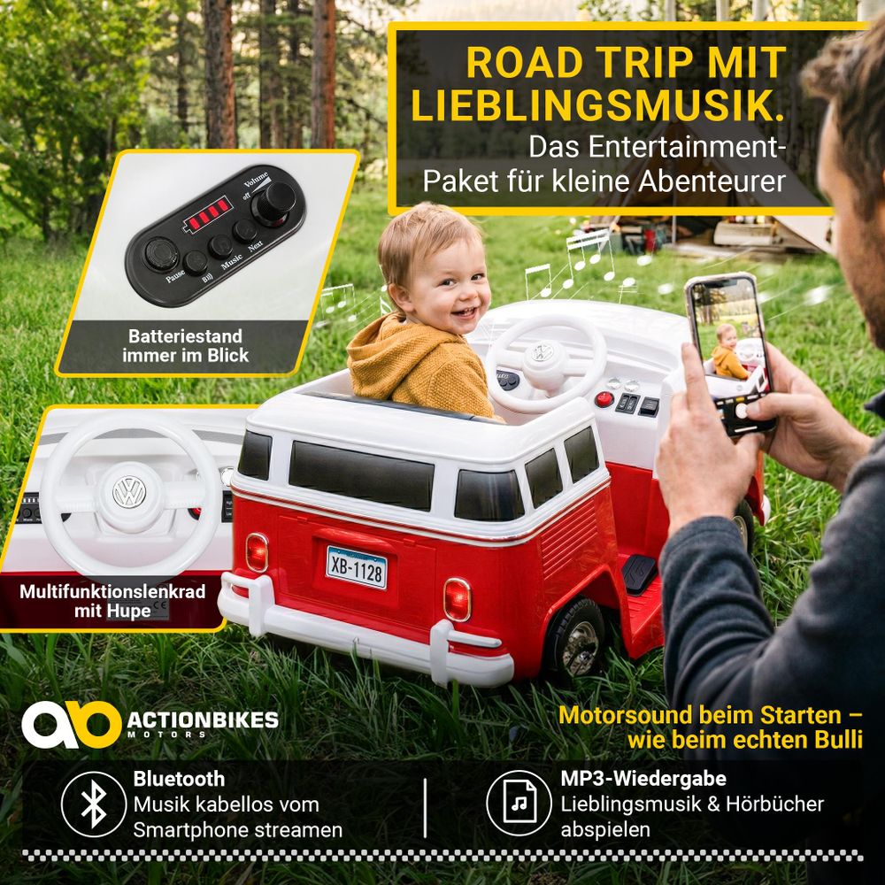 Actionbikes Motors Kinder Elektroauto VW Bus T1 | Camper- Spielzeugauto - Kinderauto elektrisch - Elektrofahrzeug - mit Fernbedienung - ab 3 Jahre Rot