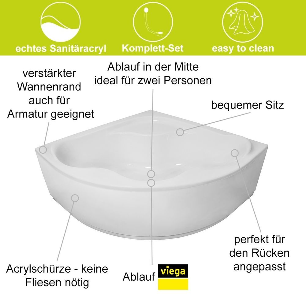 ECOLAM Badewanne Eckwanne Eckbadewanne Acrylwanne SELMA 150 x 150 cm + Acrylschürze symmetrisch Acryl weiß Ablaufgarnitur Viega Füße Silikon