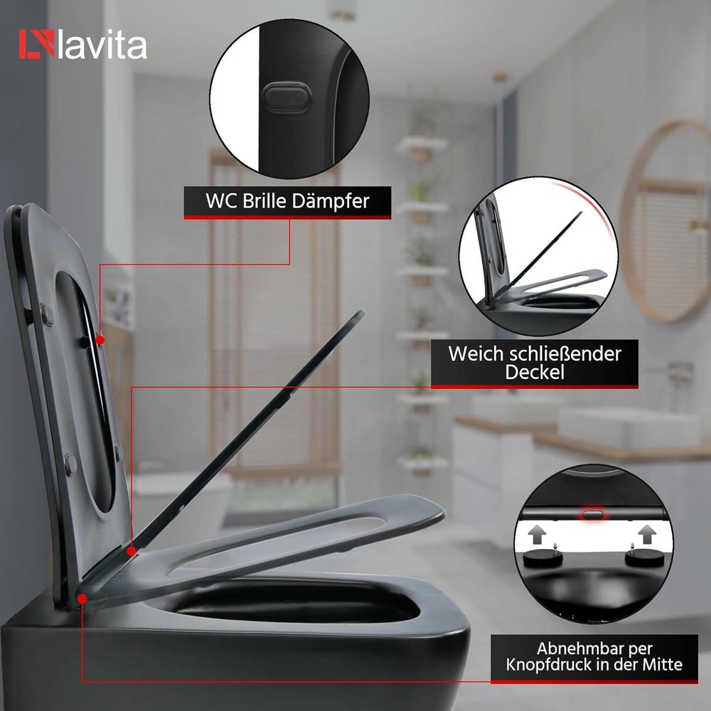 LAVITA ONIL BLACK Antibakterielle Duroplast WC-Sitz mit Absenkautomatik und Schnellverschluss,Passend für LAVITA ONIL BLACK Wand WC,Schwarz