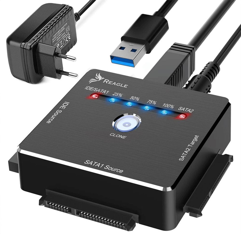 USB zu SATA und IDE Adapter 2.5 3.5 Zoll Festplatten Kloner Konverter mit 12V 3A Netzteil für HDD SSD CD DVD Ein Aus Schalter Klonen Reagle