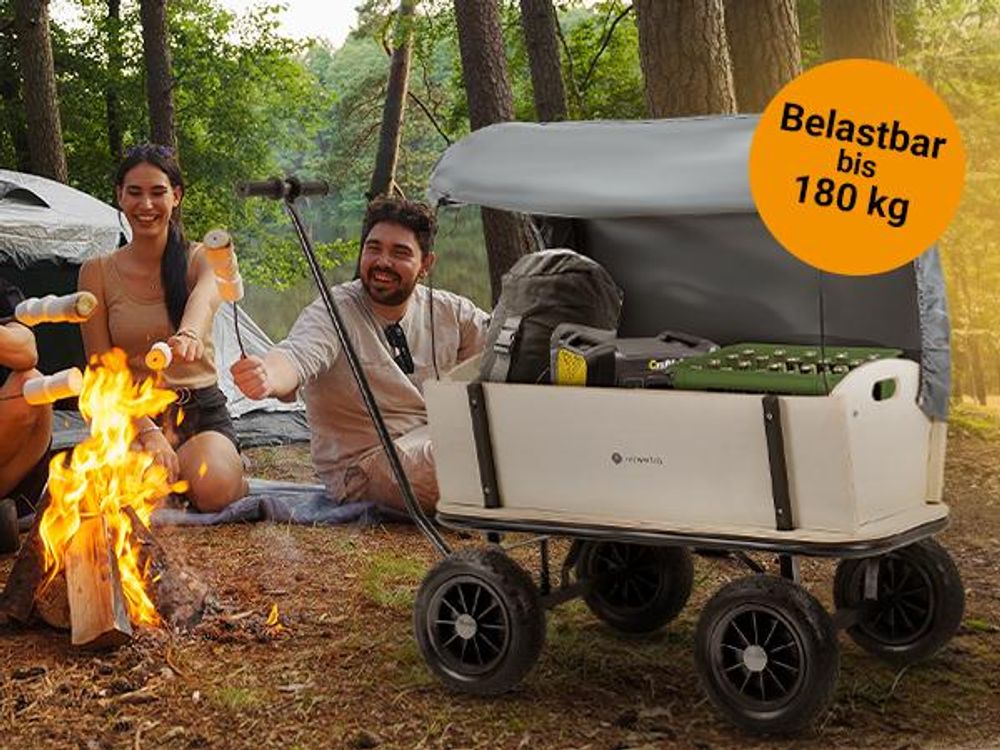 Miweba Holz Bollerwagen Canvas | Mit Dach abnehmbar - Handwagen - Gartenwagen - Offroad - Camping - Strand - Robust - Wände abnehmbar (Grau/Holz)