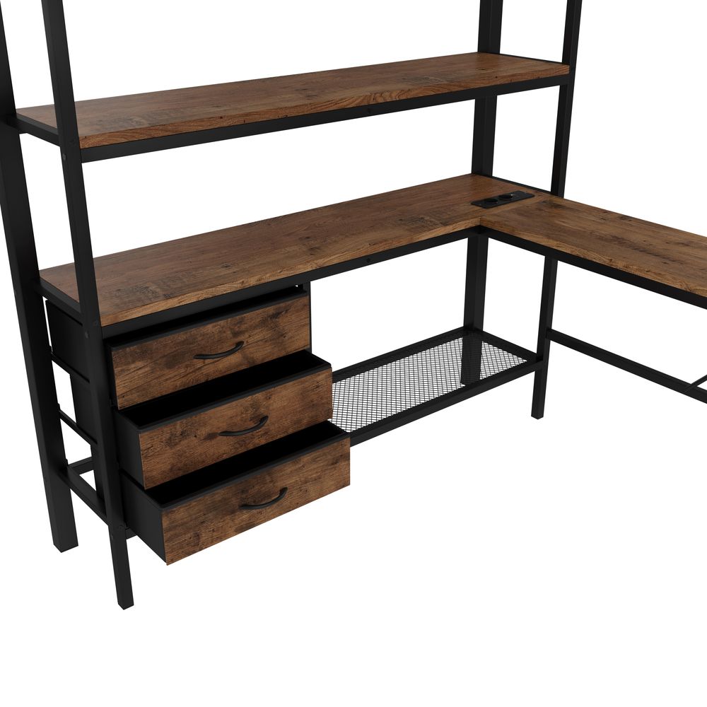 okwish  Hochbett 140x200cm Jugendbett Kinderbett  Metallbett mit Ambientelicht,Schreibtisch, Steckdose + USB, 3 Schubladen,ohne Matratze,Schwarz
