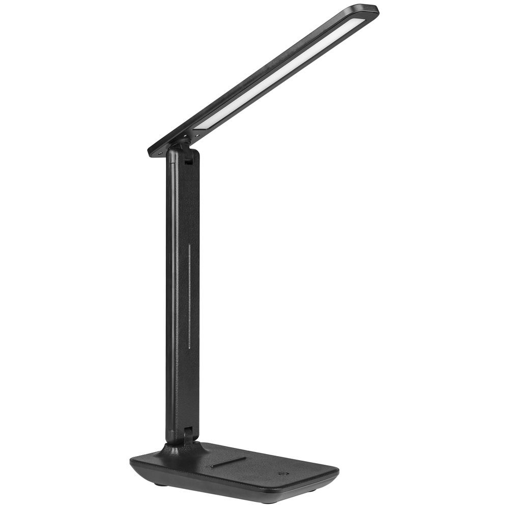 Moderne weiß LED-Schreibtischlampe mit Touchschalter auf Holzschreibtisch neben Notizbuch.