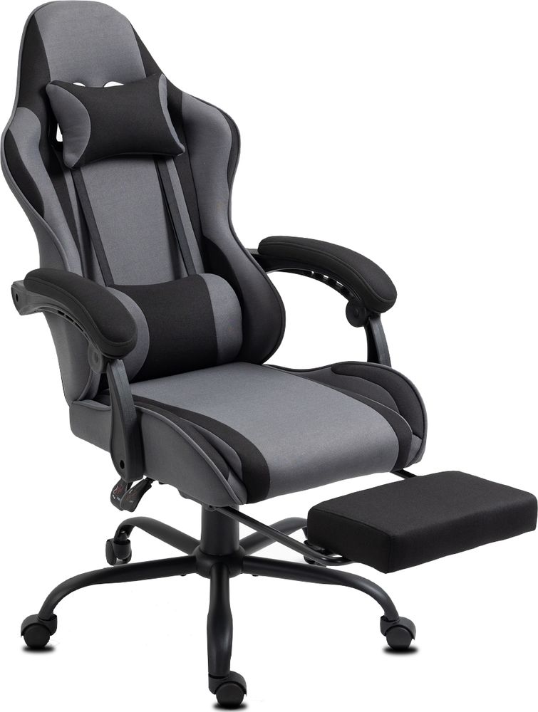 Delman Stoff Bürostuhl Gaming Stuhl Gaming Sessel Ergonomischer mit Fußstütze Kopfstütze Massage-Lendenkissen Gaming Chair Drehsessel 02-0040 Grau