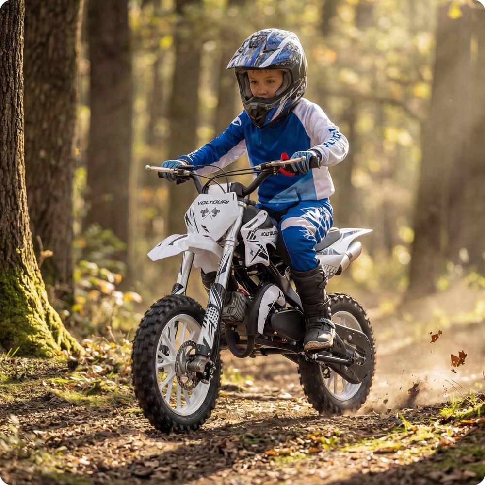VOLTOURI CR49-WHITE Mini Cross 49cc Benzin Motorrad für Kinder Offroad 35 km/h 10" Räder Scheibenbremsen Weiß