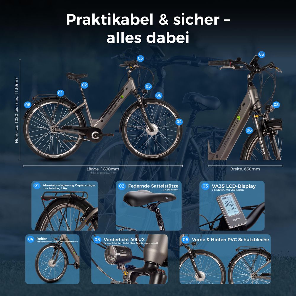 SAXONETTE Comfort Plus 4.0,Elektro  , ebike , 418 Wh Intube-Akku große Reichweite für den Alltag, E-Bike, Elektrofahrrad (Rahmenhöhe 50, silber matt)