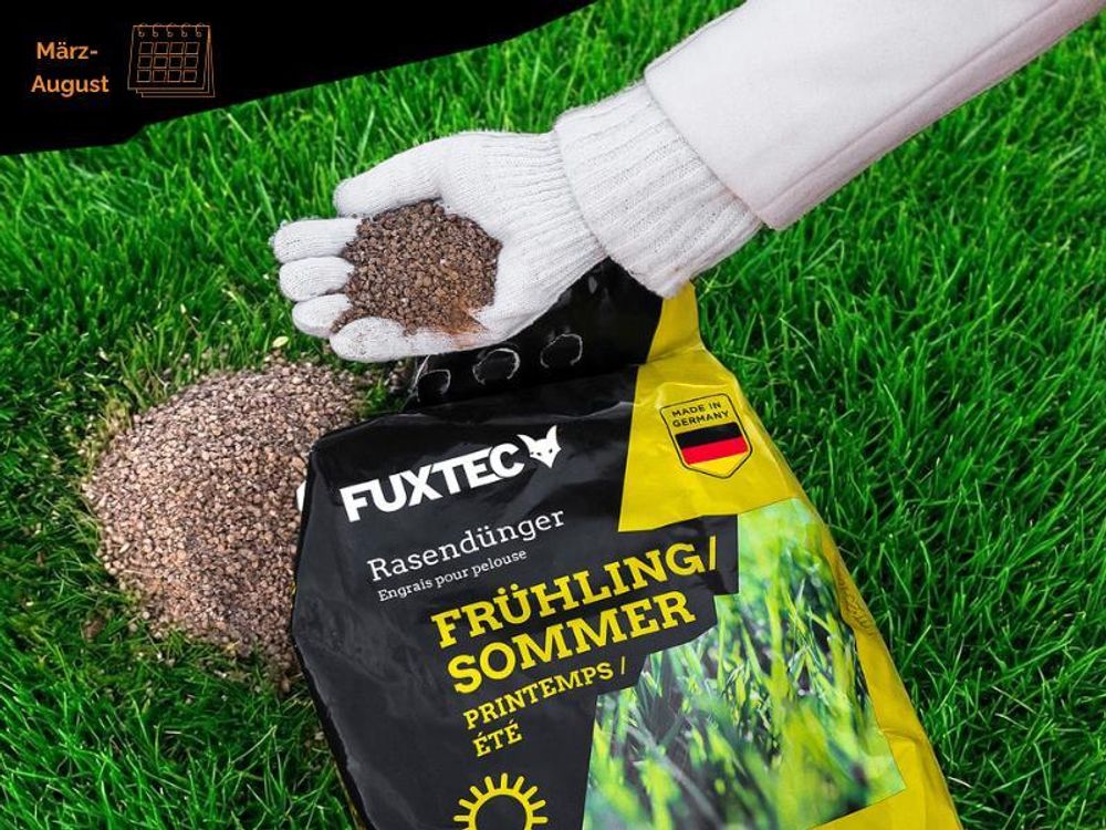 FUXTEC Rasendünger Frühling/Sommer FX-RDFS10 | stickstoffbetonter Rasendünger | 10 kg für ca. 500m² | Langzeitwirkung |  Germany