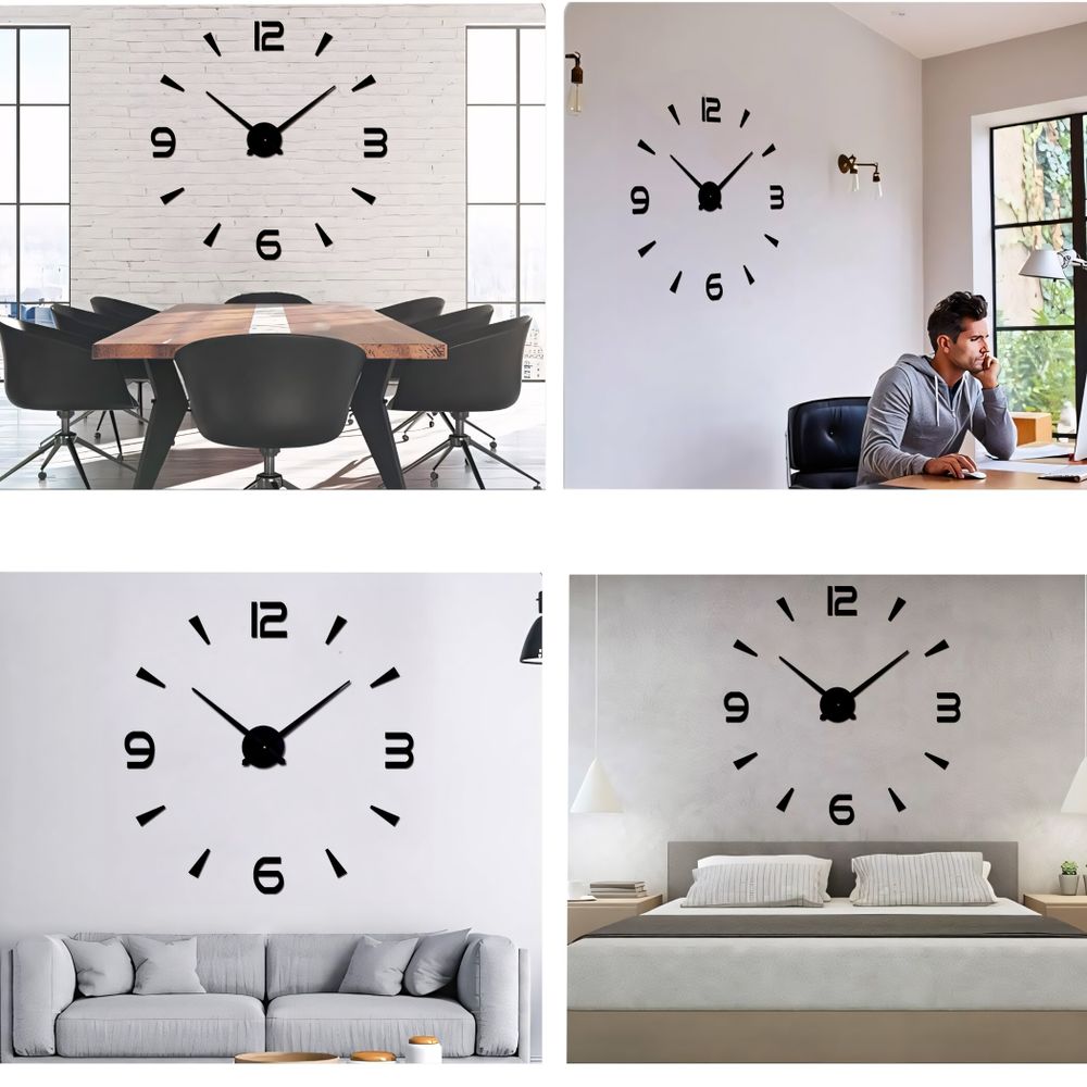 3D Wanduhr bis 130cm Wanduhren Groß Uhr Mute Decor Wandtattoo Modern Deko Geschenk Home Office Büro DIY Wohnwand Wohnzimmer Wand Design Schwarz Retoo