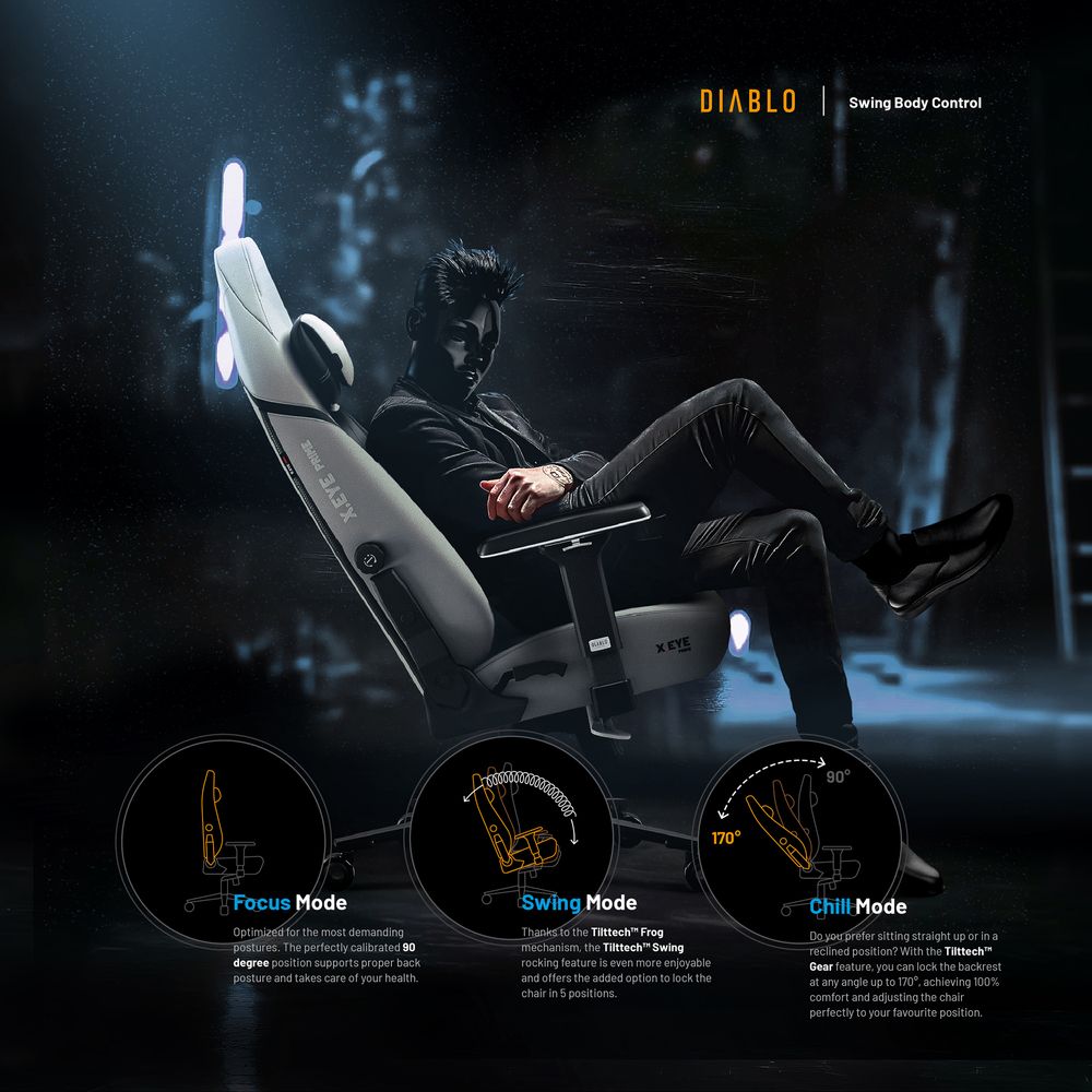 Diablo X.Eye Prime Gaming Stuhl mit Kühlfunktion Bürostuhl Schreibtischstuhl, Belastbar bis 140 kg, Größe Normal, Farbe Grau