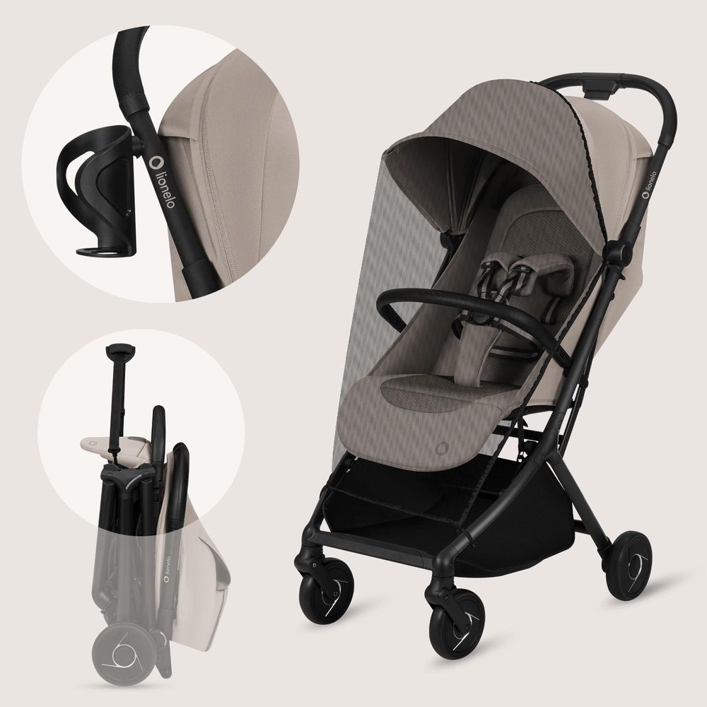Lionelo Sia Buggy ultraleicht 5,9 kg, kompakt klappbar 18x51x49 cm, Einhand-Faltung, UPF50+, ER-Räder, Dri-Seat, Zubehör-Set - Beige Sand