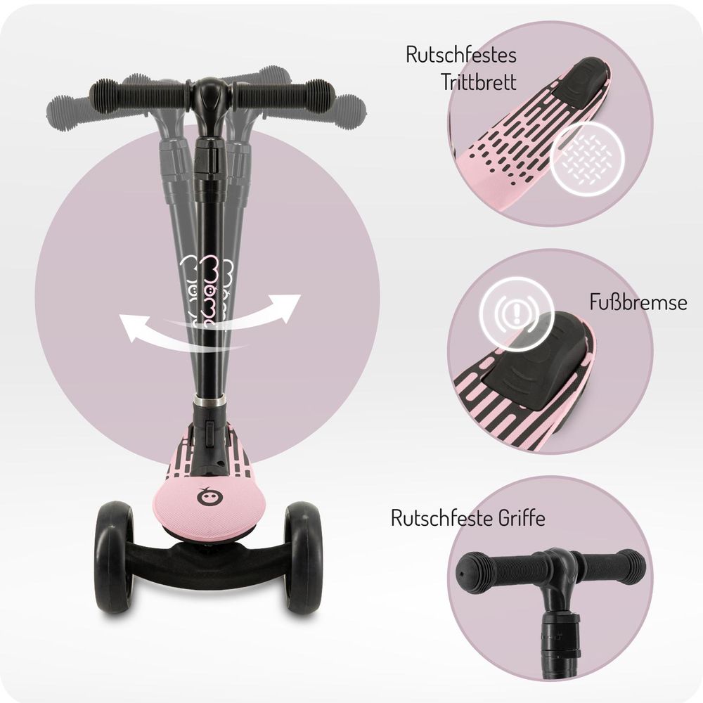 MoMi SAN 2-in-1 3-Rad-Kinderroller – höhenverstellbarer Lenker 60/66/72 cm, klappbar, LED-Räder, ABEC-7, Trittbremse, 2,7 kg