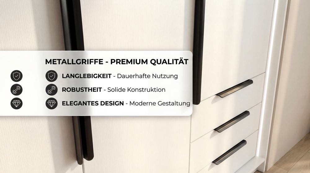 Geräumiger vier-türiger Kleiderschrank KLARI mit Schubladen und Metallgriffen – modernes Design