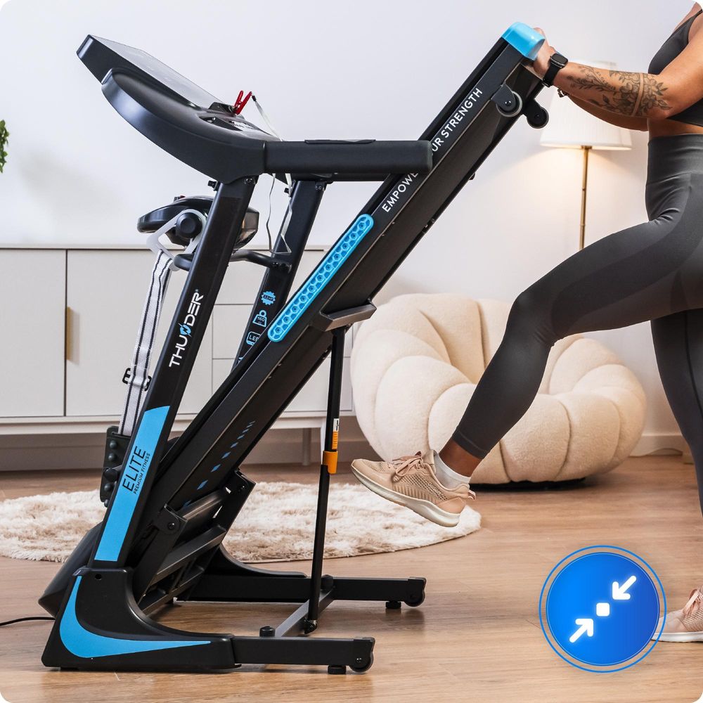 THUNDER® Laufband ELITE-DS-BLACK | 2,5 PS Motor | 18 Steigungsstufen | LED-Display 10'' | Massagegerät | Klappbar | Bis 160 kg | Heimtrainer