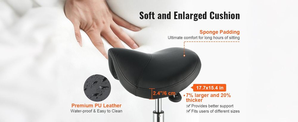 VEVOR Sattelhocker mit Rädern, 181 kg Gewichtskapazität, Ergonomischer Rollsattelhocker, Höhenverstellbar, Verdicktes Kunstleder, Drehsattelhocker, Stuhl für Salon, Spa, Klinik, Schwarz