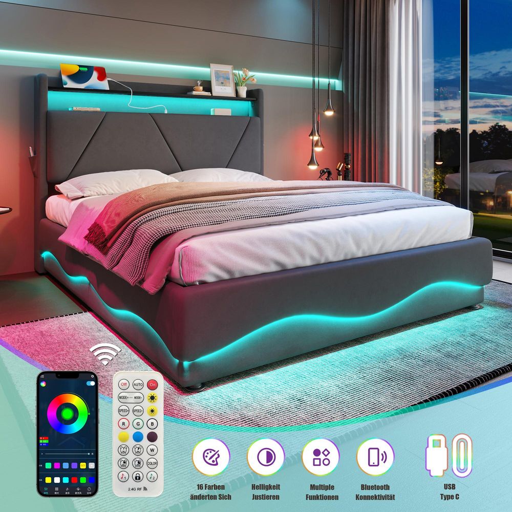 STILVORA Doppelbett 140x200 Polsterbett mit USB Type-C-Ladefunktion,Kopfteil mit LED und Ablageflächen,Jugendbett mit Bettkasten,Grau-Ohne Matratze